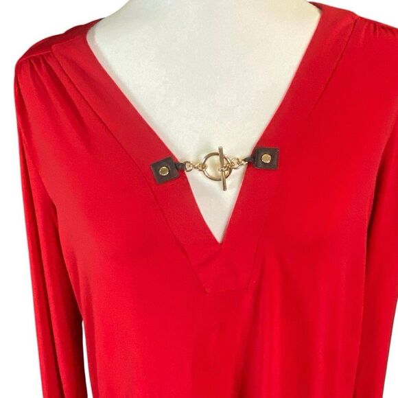 MICHAEL Michael Kors Top Womens XL Coral Red Tunic Roll-tabs V-neck Long Sleeves - Picture 2 of 7